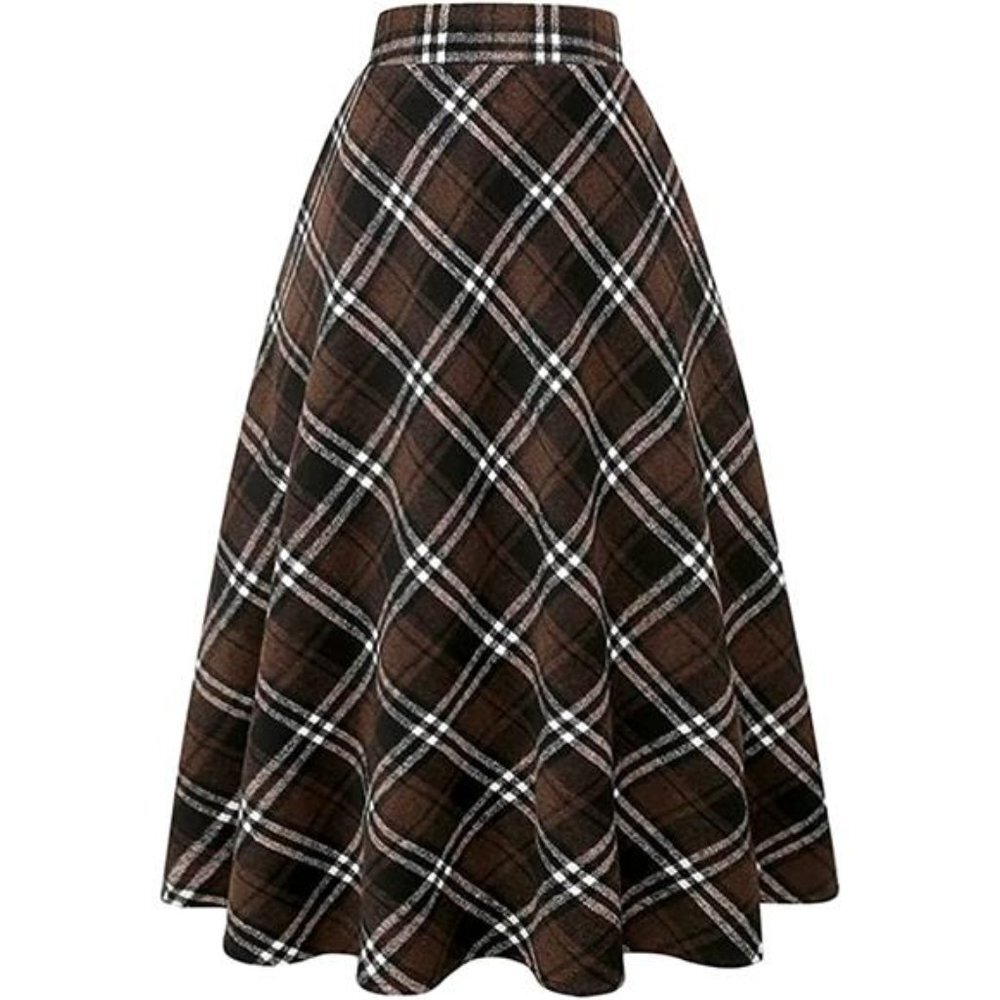 Women's High Elastic Waist Maxi Skirt A-line Plaid Winter Warm Flare Long Skirts